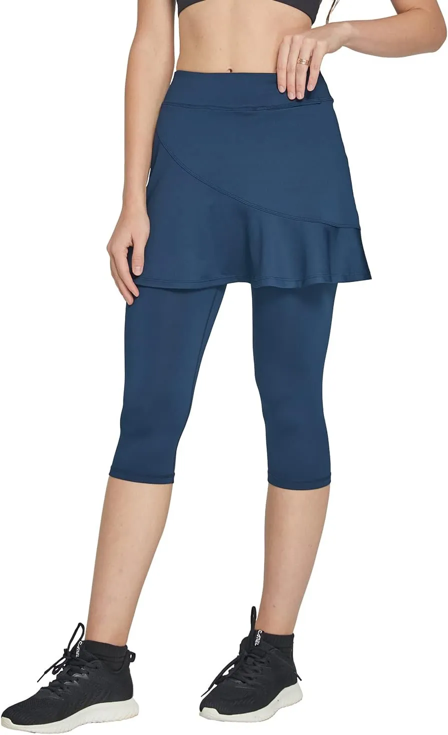 Cityoung Women Skorts Pants Capri with Attached Skirt Golf Skirted Leggings Skirts with Leggings Pockets Workout