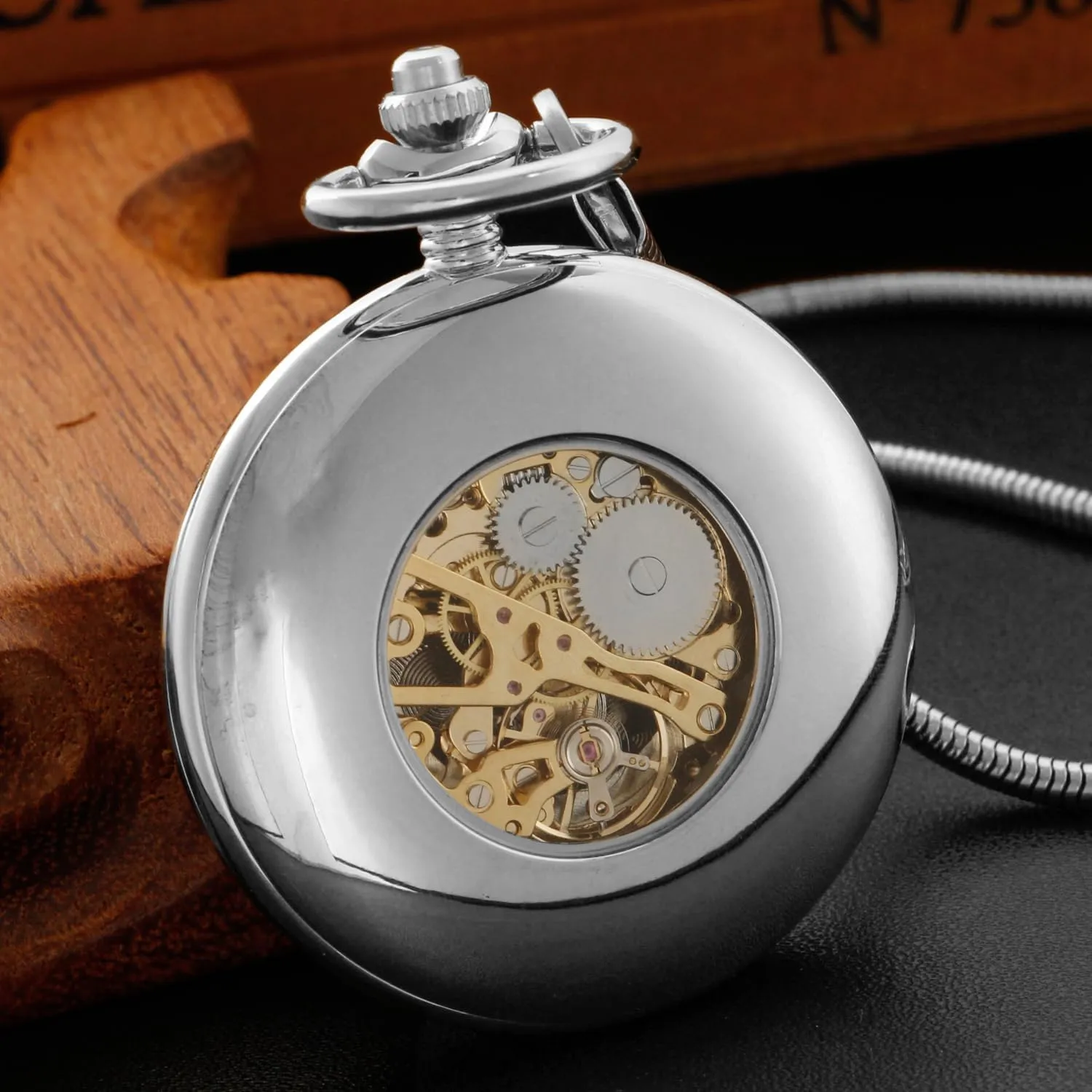 Classic Silver Mechanical Pocket Watch, Roman Numerals Silver Pocket Watch with Chain Box for Men