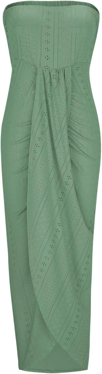 Cocktail Dresses for Women Sexy High Split Bodycon Strapless Eyelet Embroidery Wedding Dress Summer Casual Sundress
