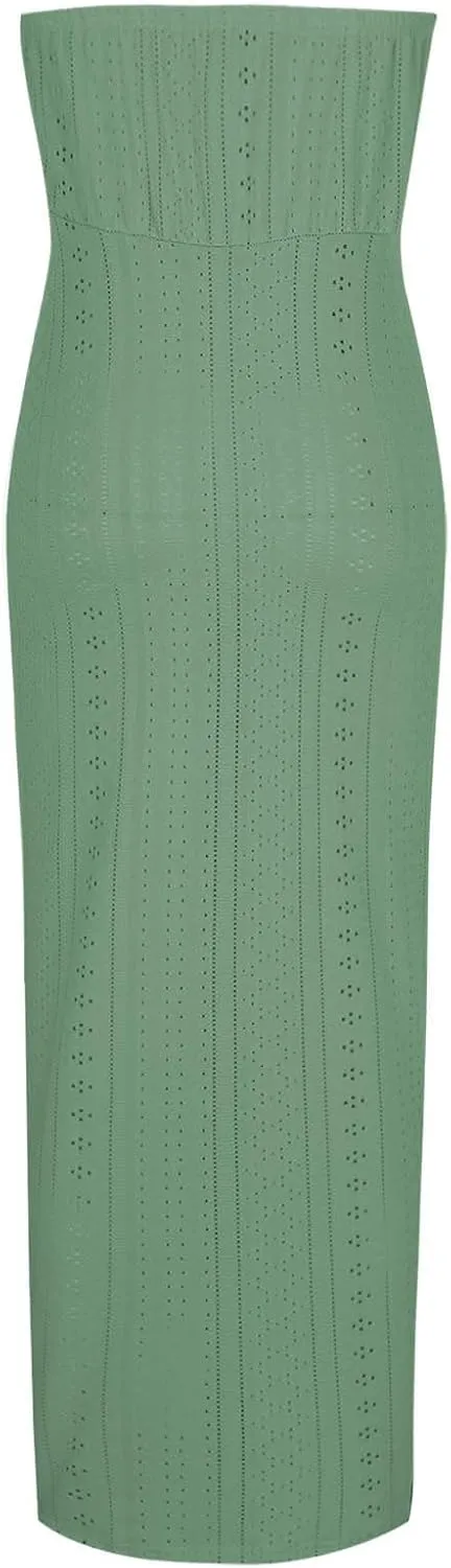 Cocktail Dresses for Women Sexy High Split Bodycon Strapless Eyelet Embroidery Wedding Dress Summer Casual Sundress