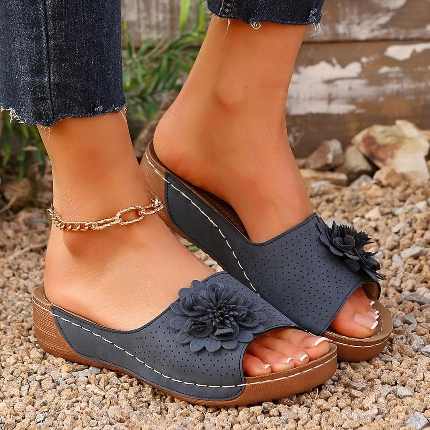 Comfortable Sports Sandals for Women Orthopedic Slip On Arch Support Walking Sandals Soft Cushion Memory Foam Slippers Fashion Flower Outdoor Shoes