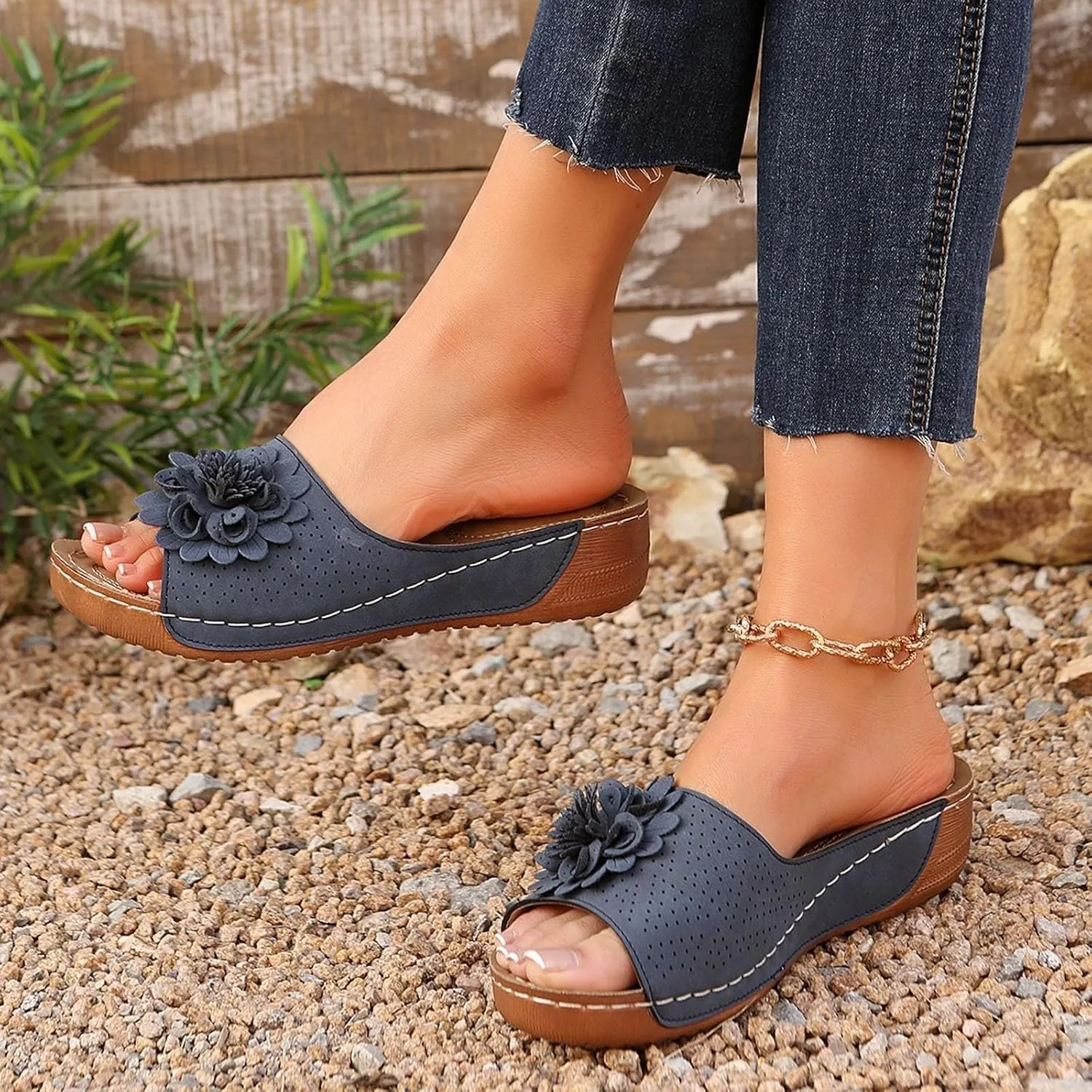 Comfortable Sports Sandals for Women Orthopedic Slip On Arch Support Walking Sandals Soft Cushion Memory Foam Slippers Fashion Flower Outdoor Shoes