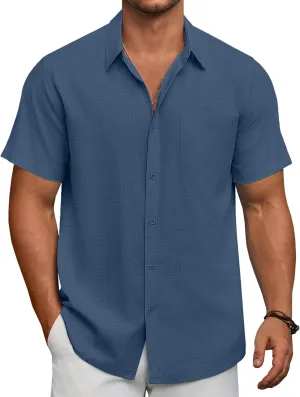 COOFANDY Short Sleeve Shirts Men Casual Button Up Linen Shirts Wrinkle Free Summer Holiday Beach Wedding Shirt Gray Blue