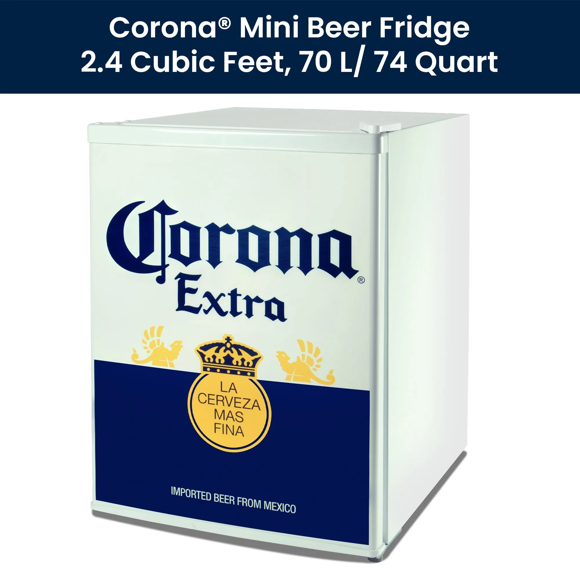 Corona Compact Bar Fridge w/ Freezer, 2.4 Cu Ft (70L), Blue and White, Licensed Corona Graphics, Tempered Glass Shelves, Space-Saving Flat Back, Reversible Door, for Den, Dorm, Office, Home Bar