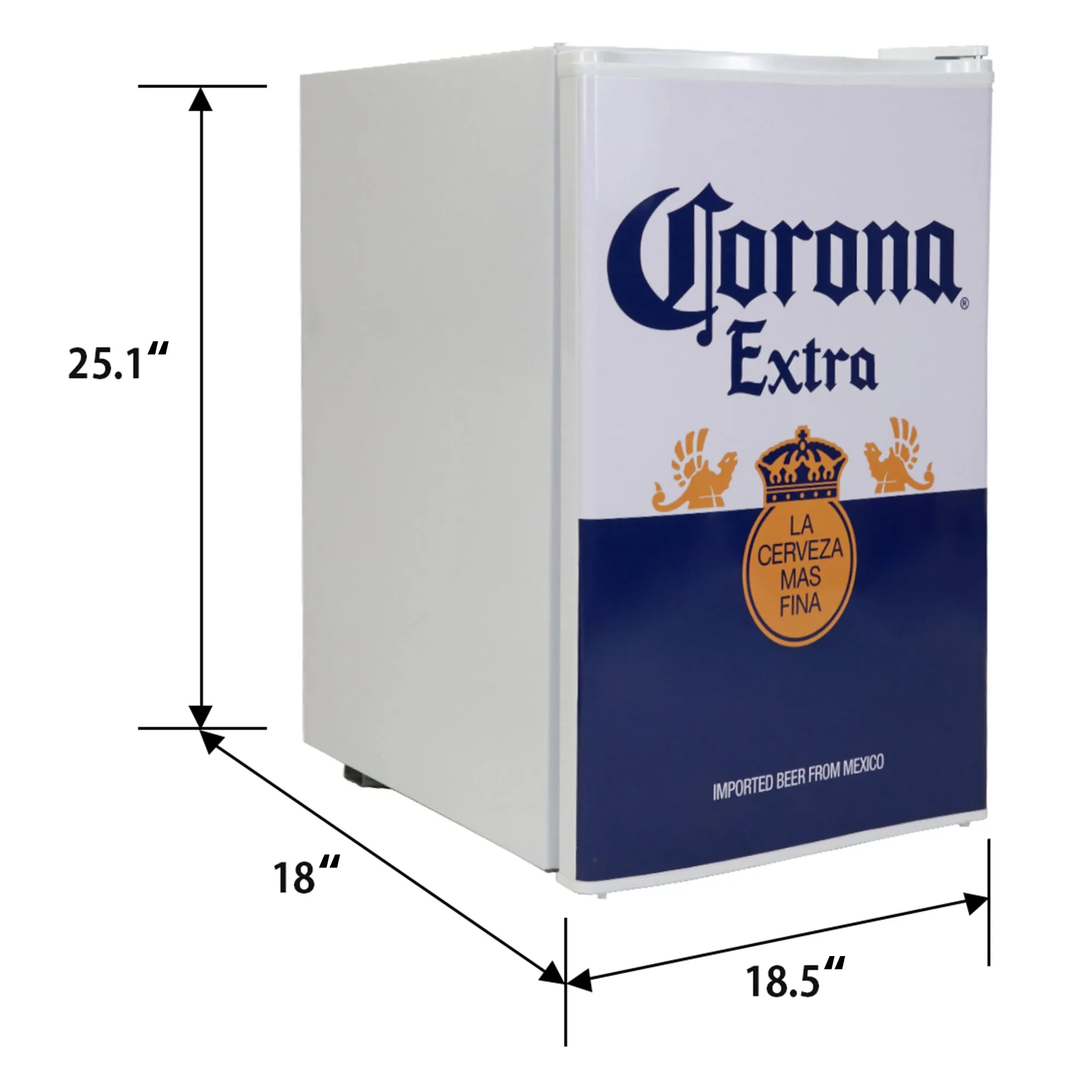 Corona Compact Bar Fridge w/ Freezer, 2.4 Cu Ft (70L), Blue and White, Licensed Corona Graphics, Tempered Glass Shelves, Space-Saving Flat Back, Reversible Door, for Den, Dorm, Office, Home Bar