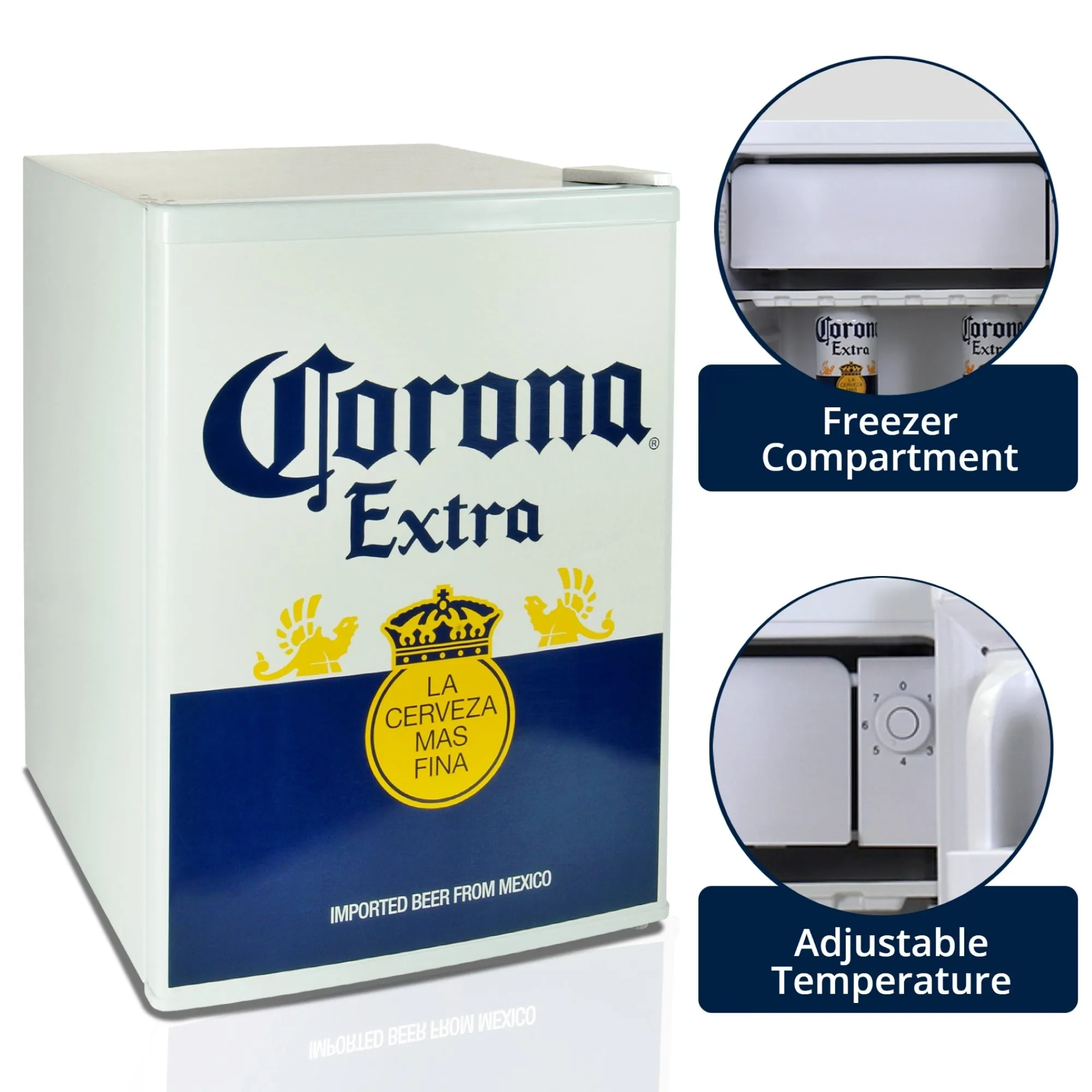 Corona Compact Bar Fridge w/ Freezer, 2.4 Cu Ft (70L), Blue and White, Licensed Corona Graphics, Tempered Glass Shelves, Space-Saving Flat Back, Reversible Door, for Den, Dorm, Office, Home Bar