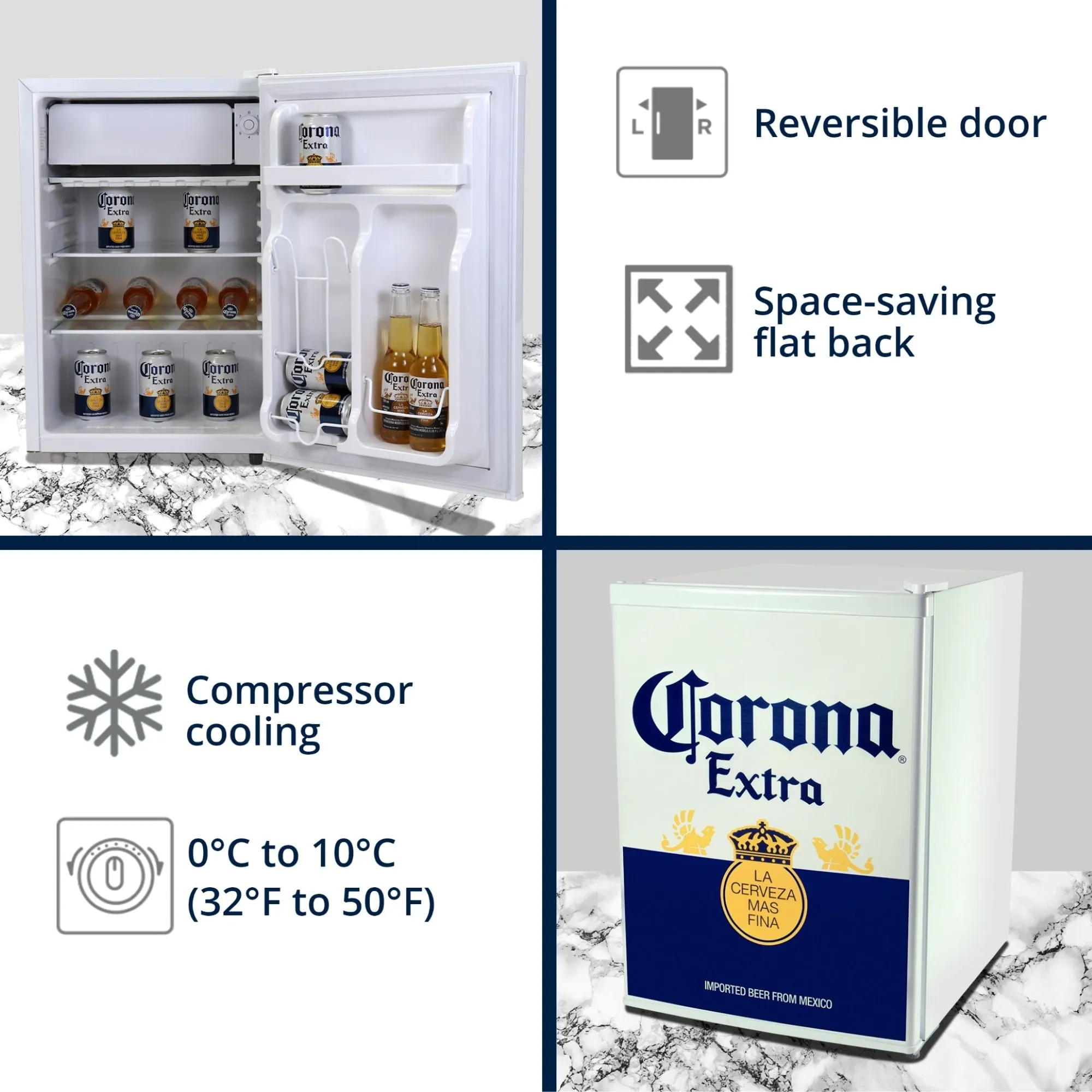 Corona Compact Bar Fridge w/ Freezer, 2.4 Cu Ft (70L), Blue and White, Licensed Corona Graphics, Tempered Glass Shelves, Space-Saving Flat Back, Reversible Door, for Den, Dorm, Office, Home Bar