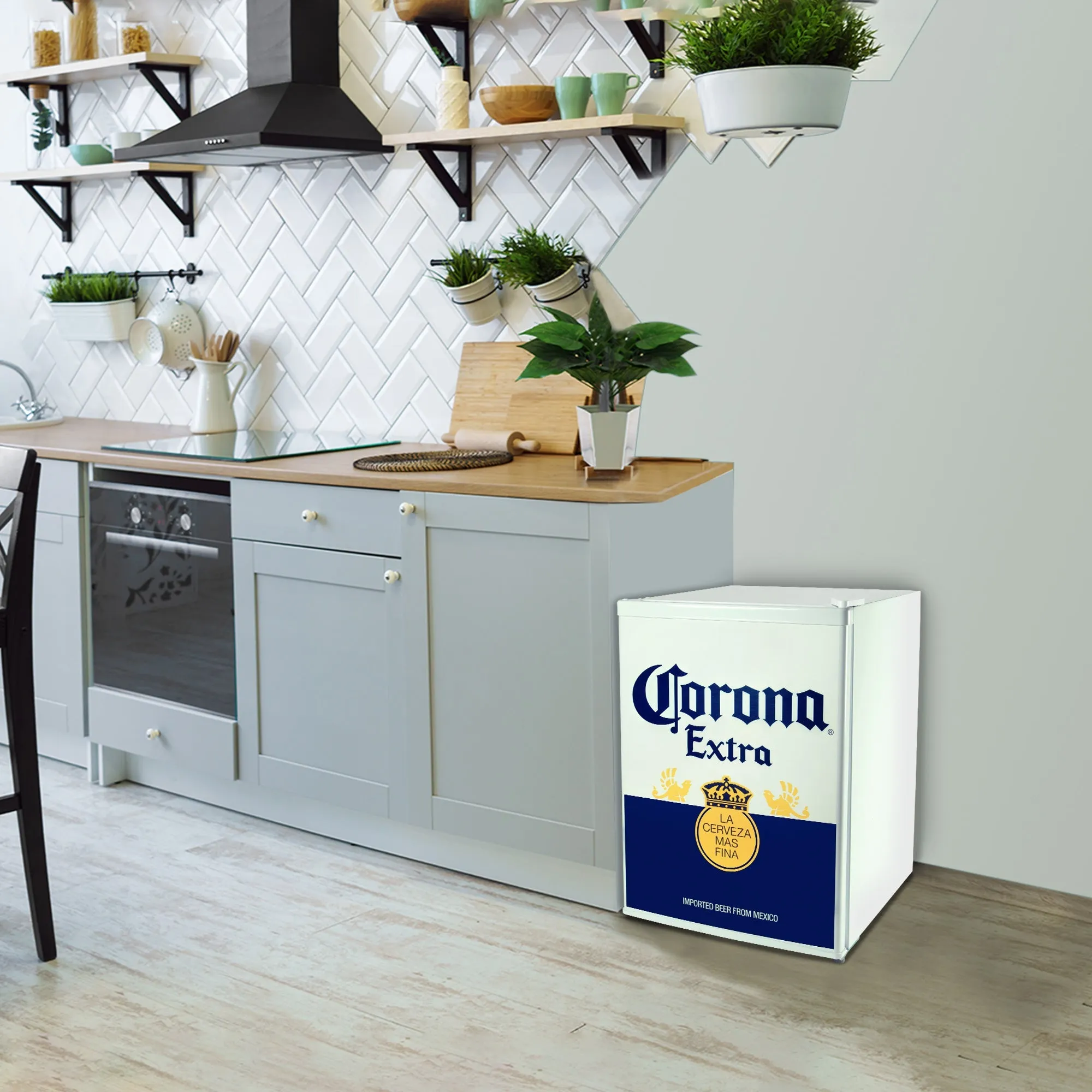 Corona Compact Bar Fridge w/ Freezer, 2.4 Cu Ft (70L), Blue and White, Licensed Corona Graphics, Tempered Glass Shelves, Space-Saving Flat Back, Reversible Door, for Den, Dorm, Office, Home Bar
