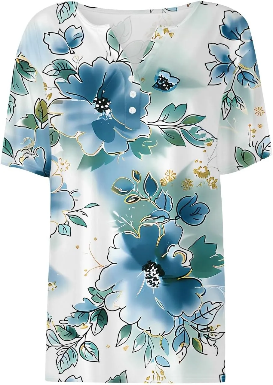 COTECRAM Summer Tops for Women 2025 Vacation Trendy V Neck Boho Short Sleeve Shirts Casual Loose Comfy Tunics