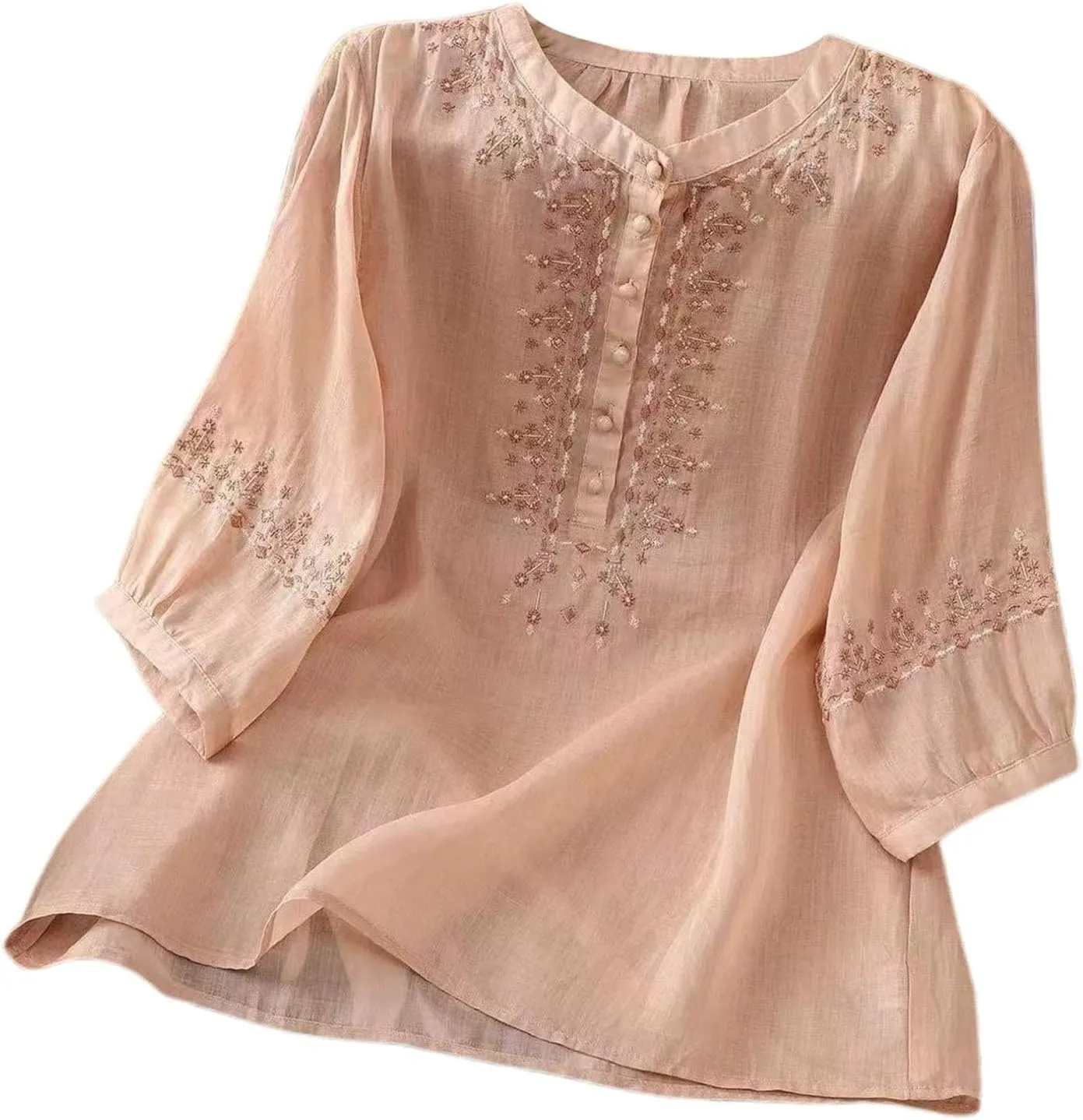Cotton Linen Shirt for Women Short Sleeve Crew Neck Buttons Casual Boho Tops Summer Loose Fashion Embroidered Blouse