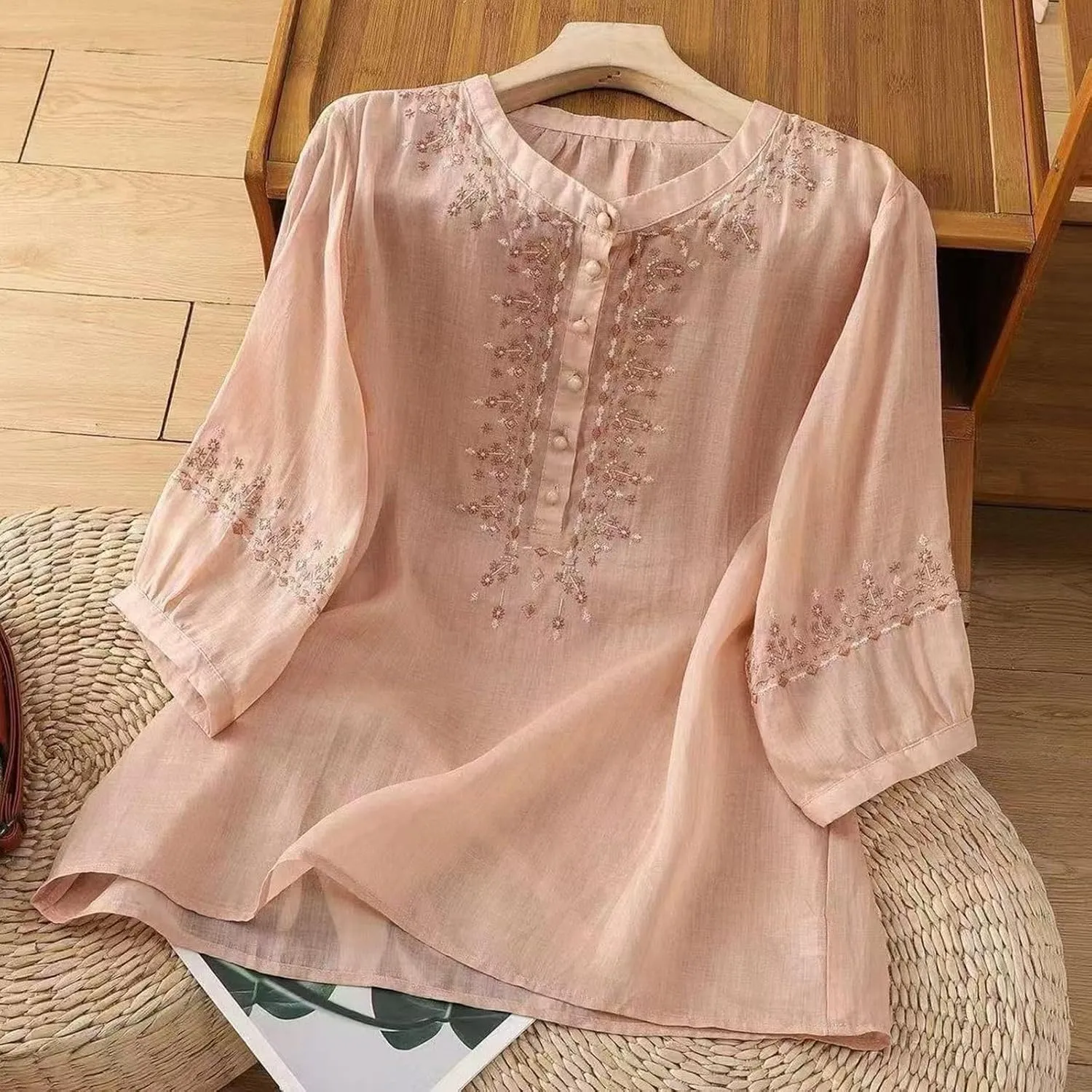 Cotton Linen Shirt for Women Short Sleeve Crew Neck Buttons Casual Boho Tops Summer Loose Fashion Embroidered Blouse