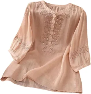 Cotton Linen Shirt for Women Short Sleeve Crew Neck Buttons Casual Boho Tops Summer Loose Fashion Embroidered Blouse