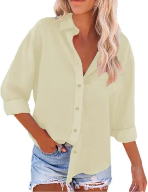 Cotton Linen Shirts for Women Loose Lapel Collar Single Breasted Roll Up Sleeve Work Tunic Solid Color Business Blouse