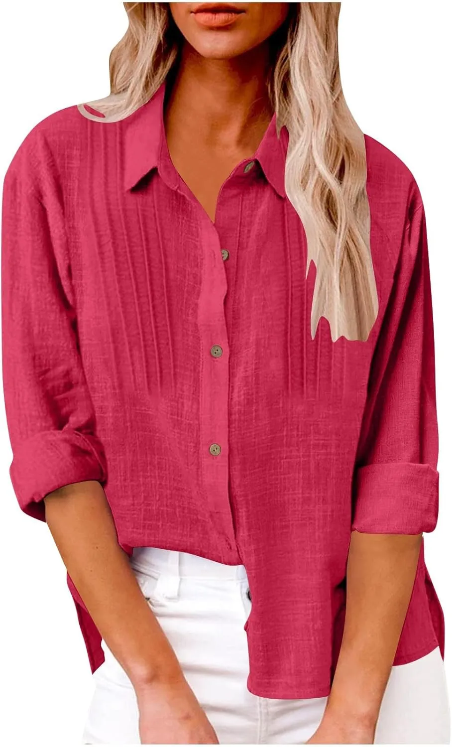 Cotton Linen Shirts for Women Summer Long Sleeve Button Down Shirt Pleated Front Gauze Tops Loose Casual Blouses