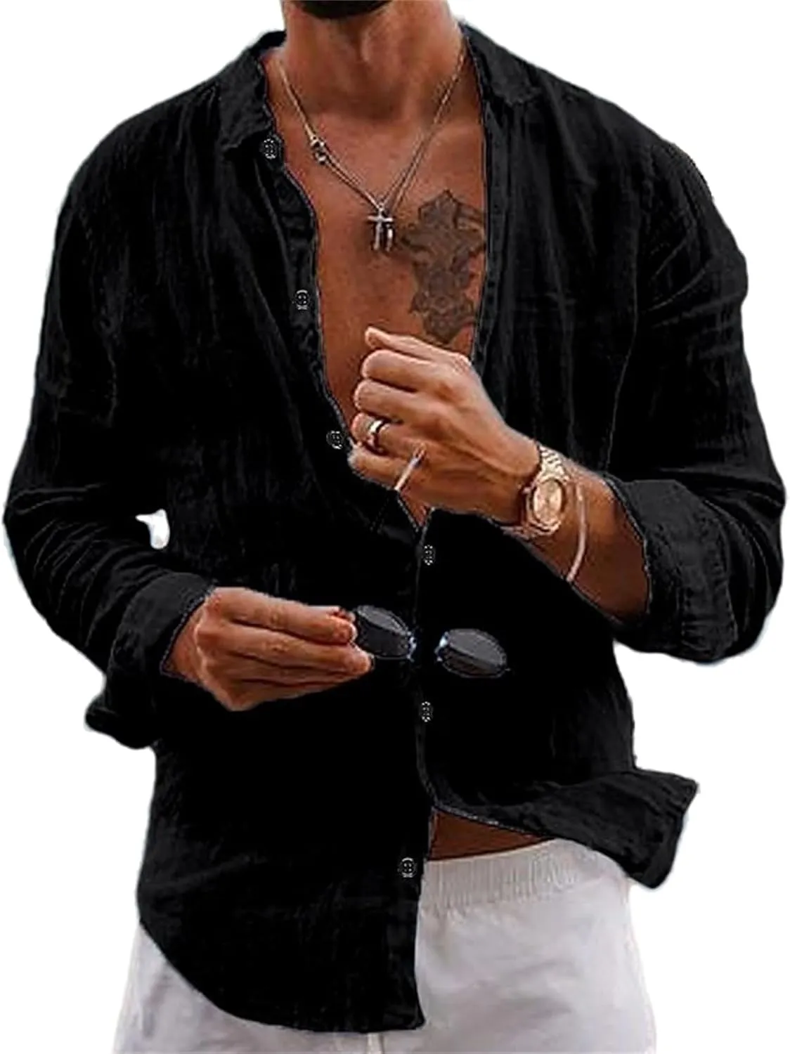 crazynekos Men's Casual Fashion Linen Long Sleeve Button Down Shirt Hawaii Beach Shirt