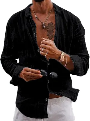 crazynekos Men's Casual Fashion Linen Long Sleeve Button Down Shirt Hawaii Beach Shirt