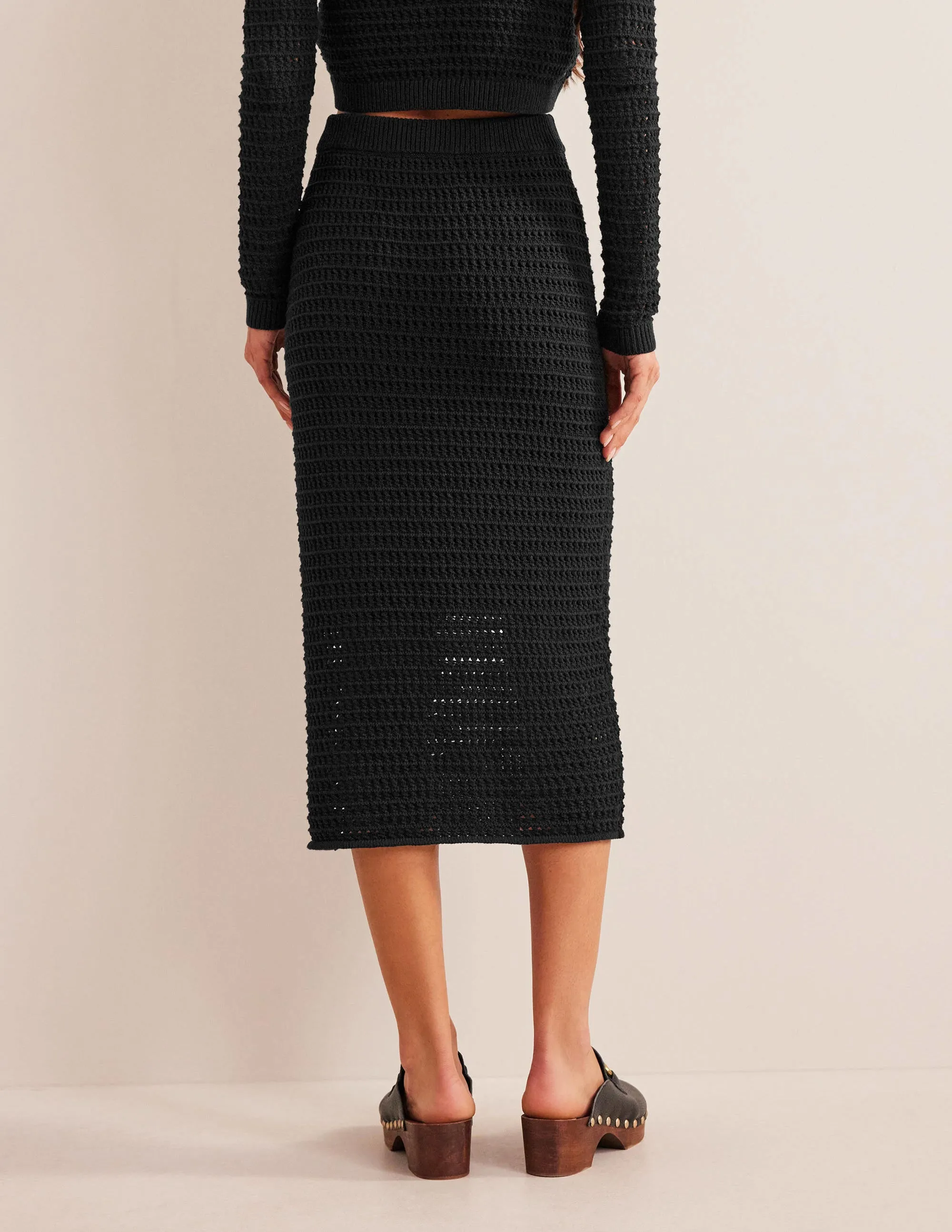 Crochet Knit Midi Skirt-Black