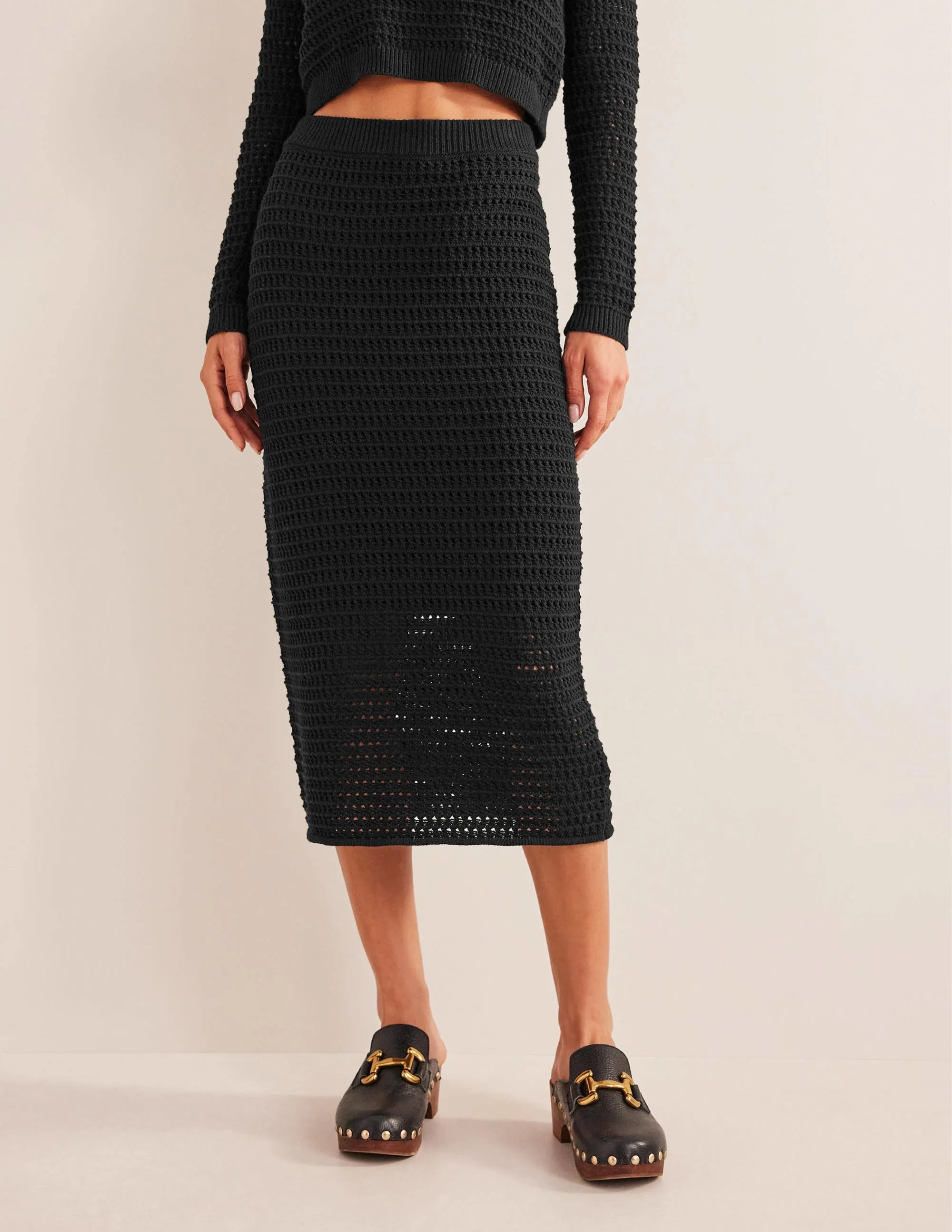 Crochet Knit Midi Skirt-Black