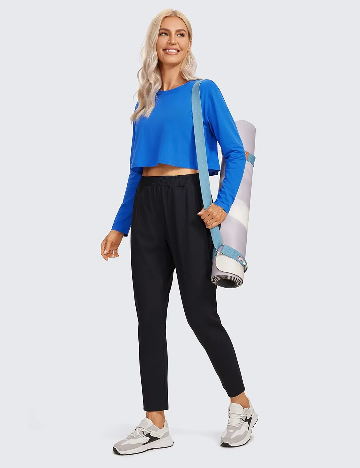 CRZ YOGA Pima Cotton Long Sleeve Shirts for Women Loose Workout Crop Tops Athletic Gym Cropped Basic T-Shirts
