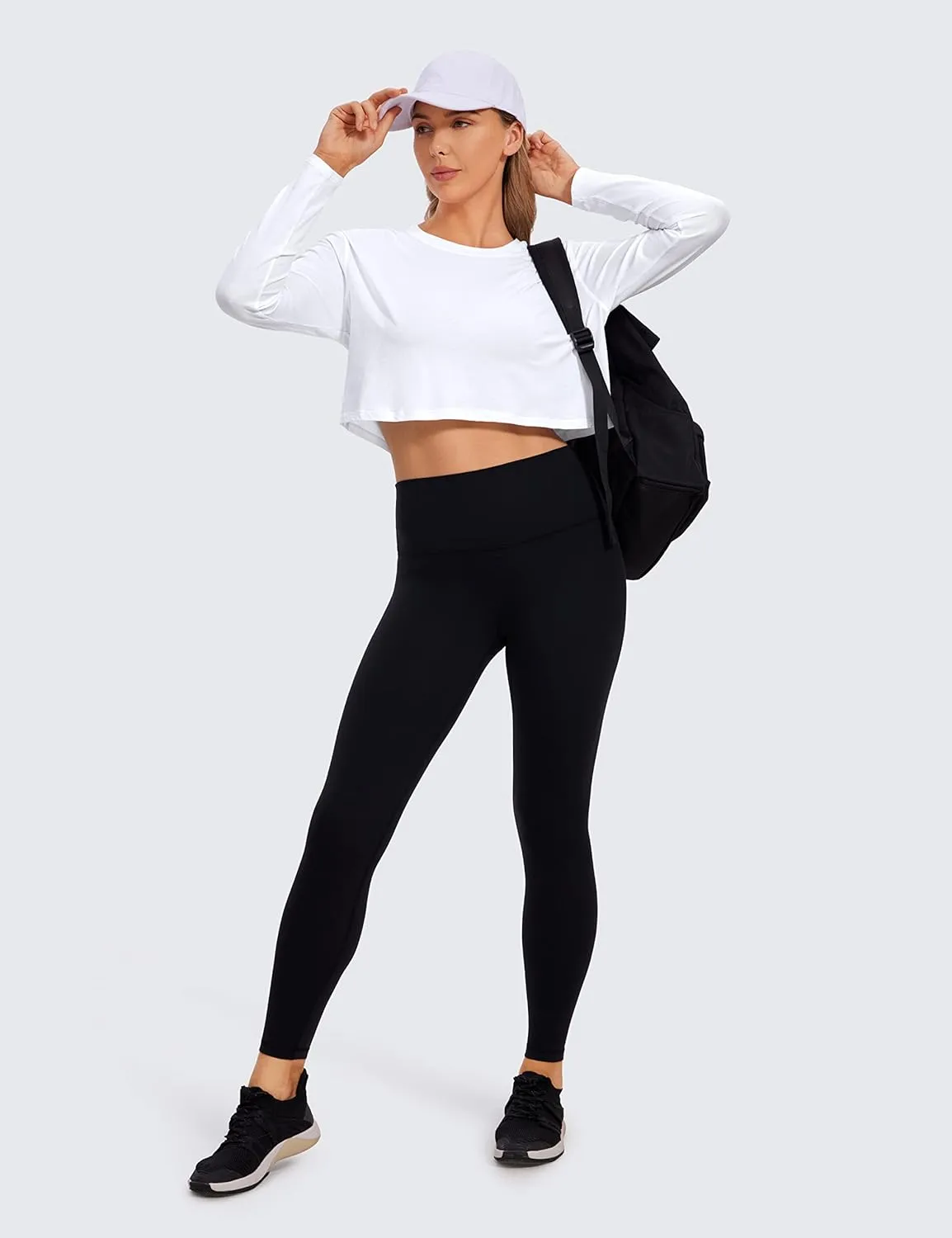 CRZ YOGA Pima Cotton Long Sleeve Shirts for Women Loose Workout Crop Tops Athletic Gym Cropped Basic T-Shirts