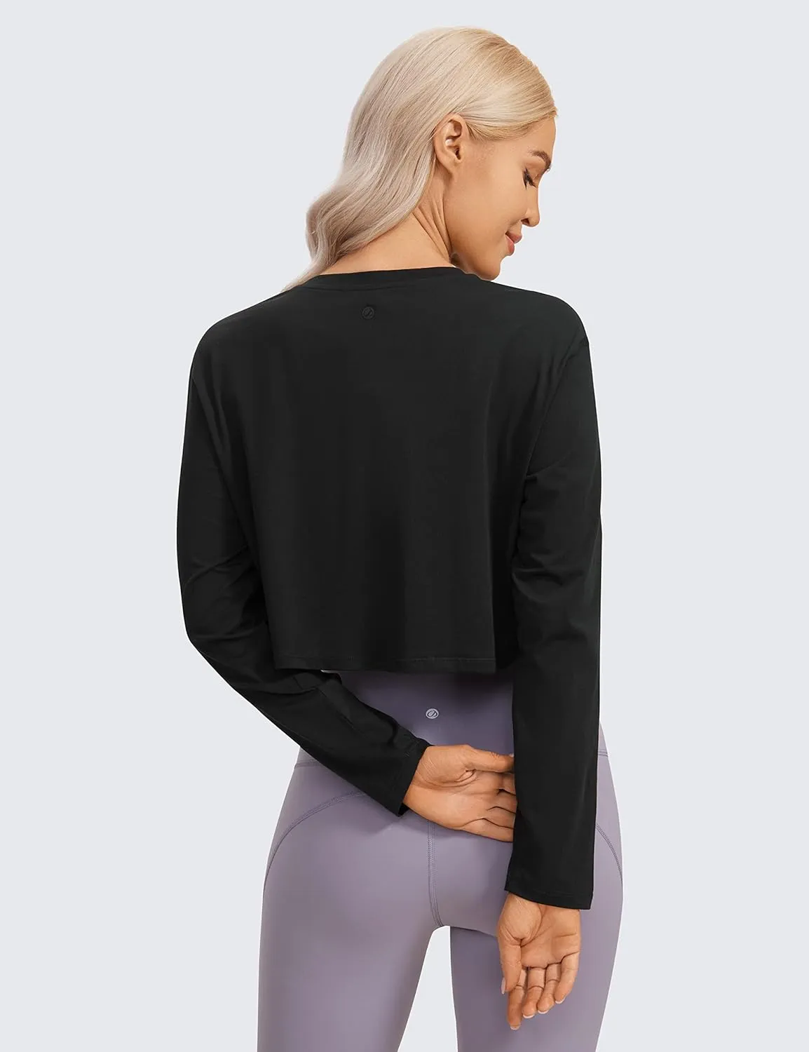 CRZ YOGA Pima Cotton Long Sleeve Shirts for Women Loose Workout Crop Tops Athletic Gym Cropped Basic T-Shirts