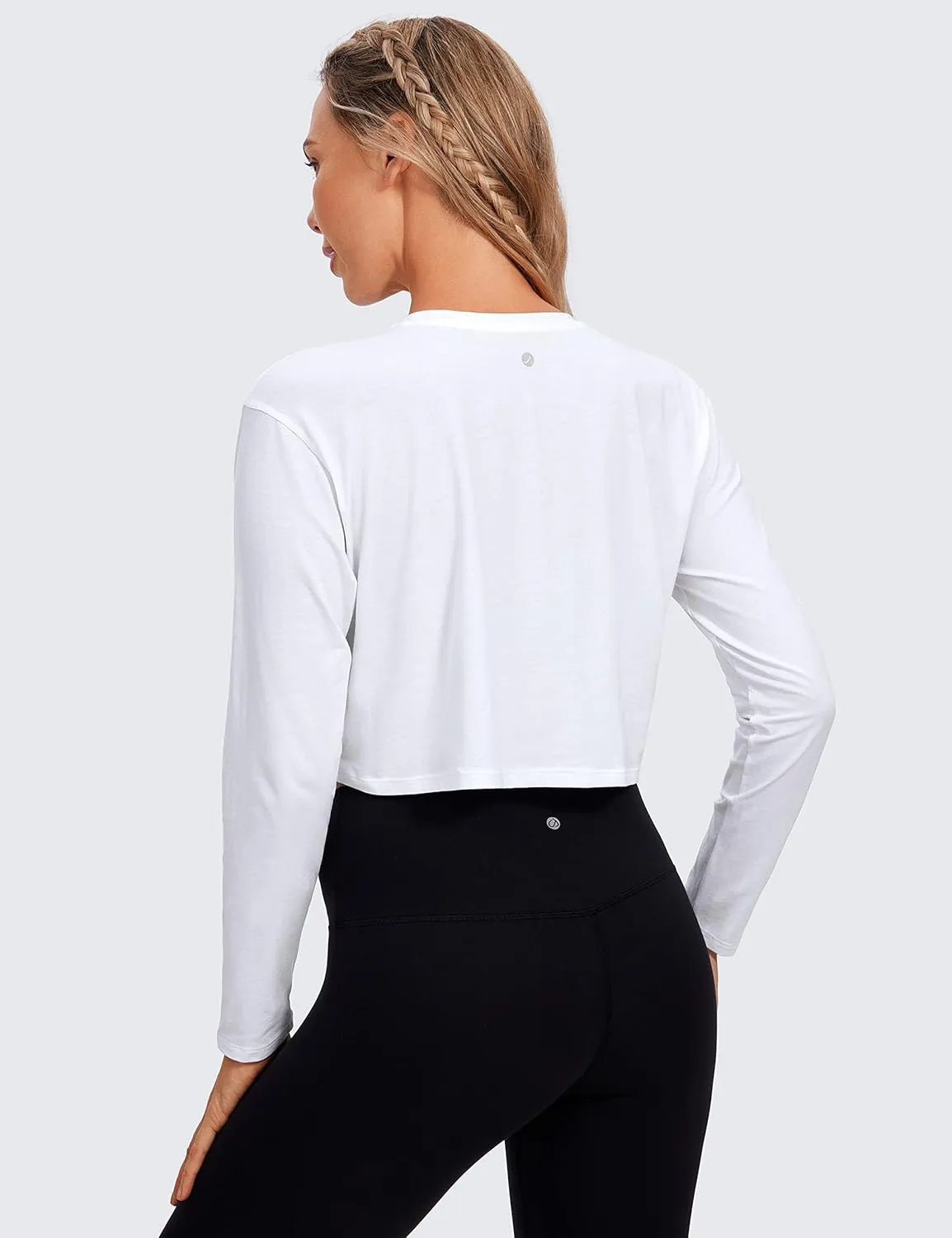 CRZ YOGA Pima Cotton Long Sleeve Shirts for Women Loose Workout Crop Tops Athletic Gym Cropped Basic T-Shirts