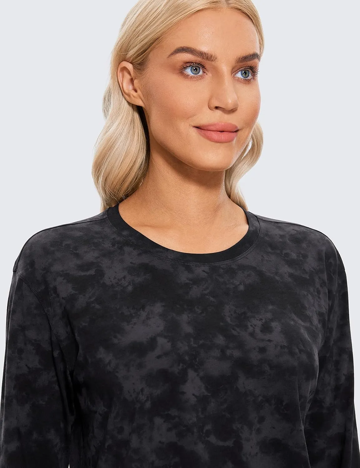 CRZ YOGA Pima Cotton Long Sleeve Shirts for Women Loose Workout Crop Tops Athletic Gym Cropped Basic T-Shirts