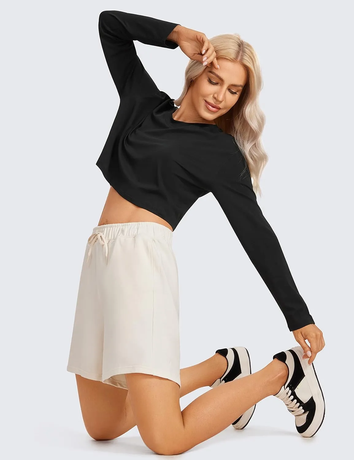 CRZ YOGA Pima Cotton Long Sleeve Shirts for Women Loose Workout Crop Tops Athletic Gym Cropped Basic T-Shirts