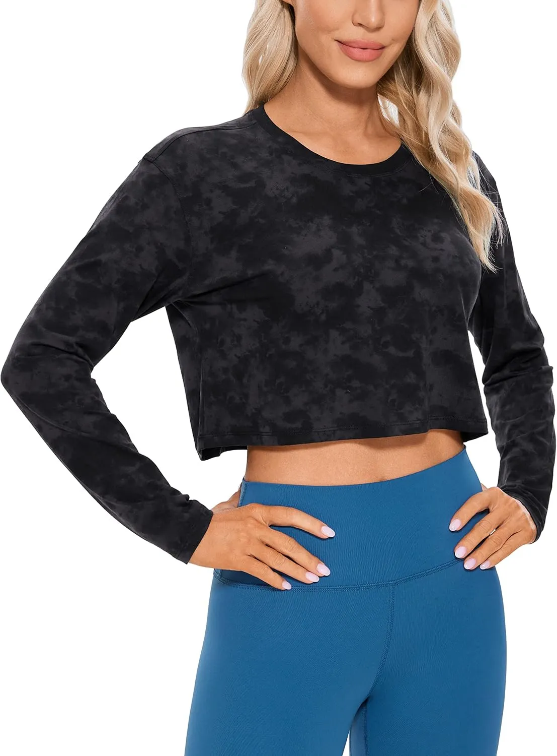 CRZ YOGA Pima Cotton Long Sleeve Shirts for Women Loose Workout Crop Tops Athletic Gym Cropped Basic T-Shirts