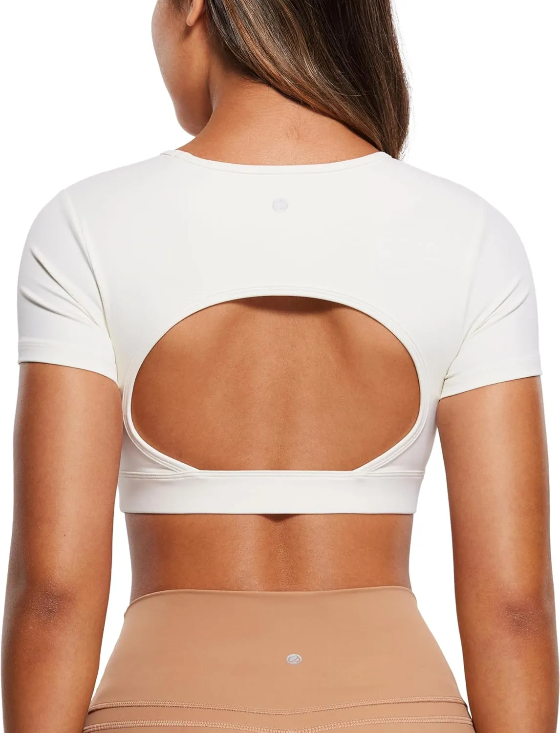 CRZ YOGA Womens Butterluxe Double Lined Open Back Crop Tops Backless Short Sleeve Workout Shirts Casual Tight T-Shirts