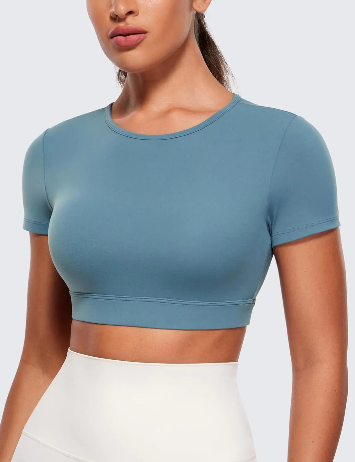 CRZ YOGA Womens Butterluxe Double Lined Open Back Crop Tops Backless Short Sleeve Workout Shirts Casual Tight T-Shirts
