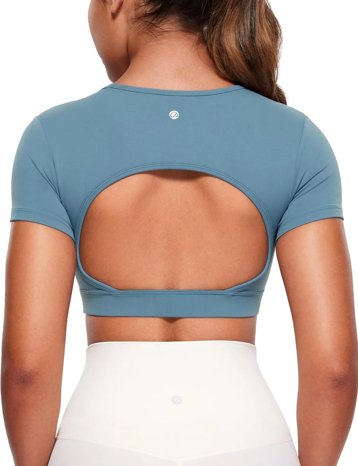 CRZ YOGA Womens Butterluxe Double Lined Open Back Crop Tops Backless Short Sleeve Workout Shirts Casual Tight T-Shirts