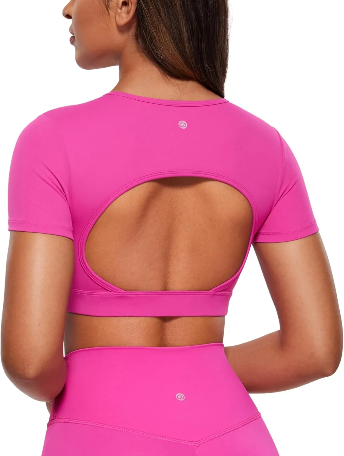 CRZ YOGA Womens Butterluxe Double Lined Open Back Crop Tops Backless Short Sleeve Workout Shirts Casual Tight T-Shirts