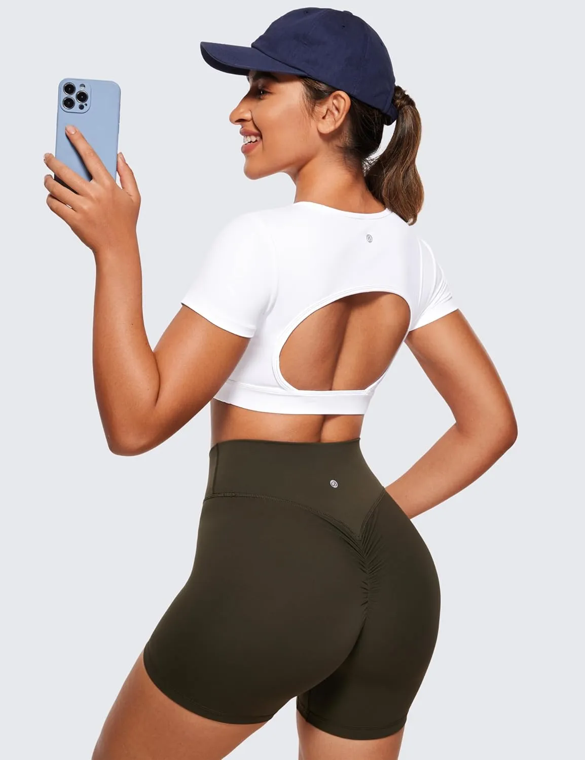 CRZ YOGA Womens Butterluxe Double Lined Open Back Crop Tops Backless Short Sleeve Workout Shirts Casual Tight T-Shirts
