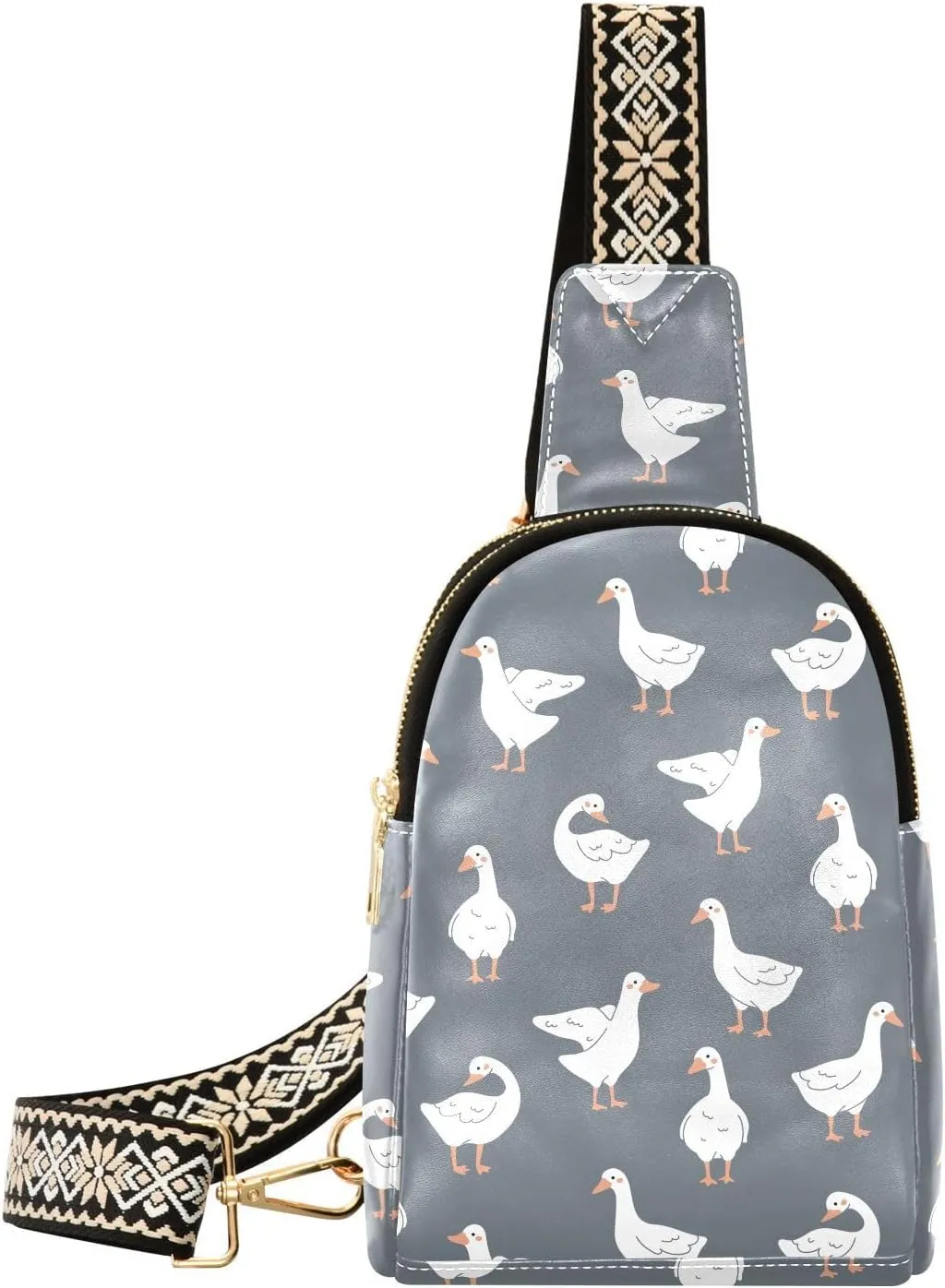 Cute White Gooses Fanny Pack Crossbody PC Leather Small Sling Bag for Women Trendy Fashion Waist Packs Chest Bag for Travel Sports Running Hiking