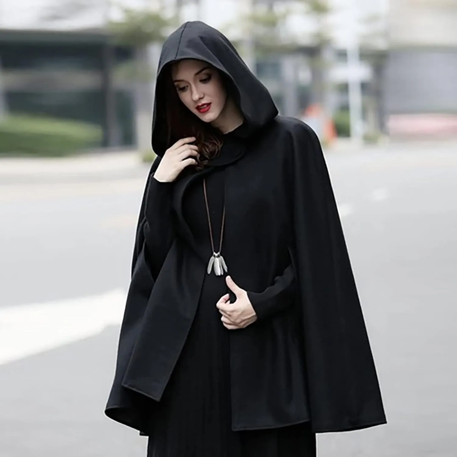 DASAYO Women Oversize Long Cloak Hooded Cardigan Open Front Cape Mantle Trench Coats Shawl Cape Windproof Walker Coat Winter