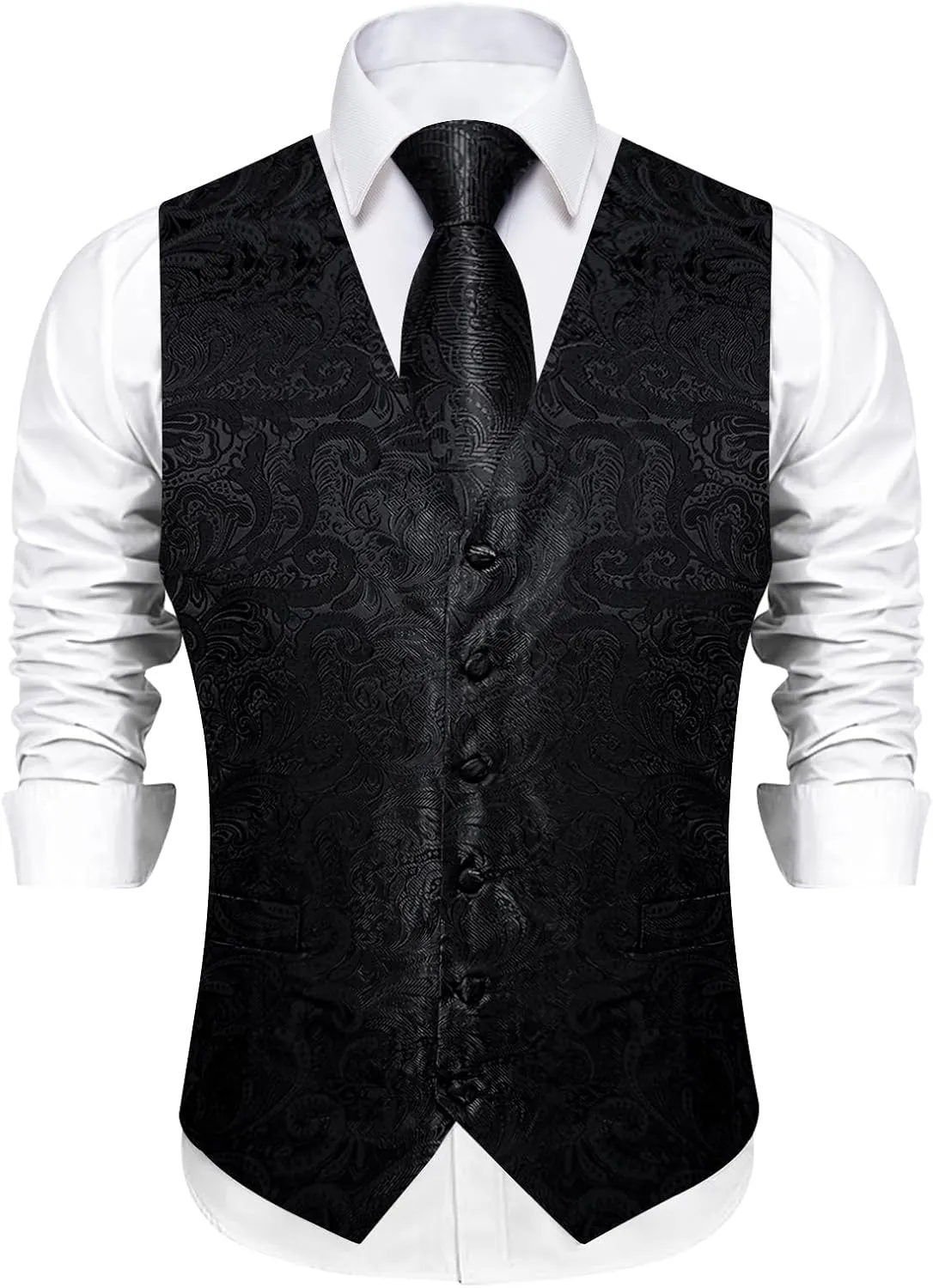 DiBanGu Mens Paisley Vest Tie Set with Lapel Pin Tie Clip 7PCS Silk Woven Necktie and V-Neck Suit Waistcoat for Tuxedo Party