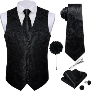 DiBanGu Mens Paisley Vest Tie Set with Lapel Pin Tie Clip 7PCS Silk Woven Necktie and V-Neck Suit Waistcoat for Tuxedo Party