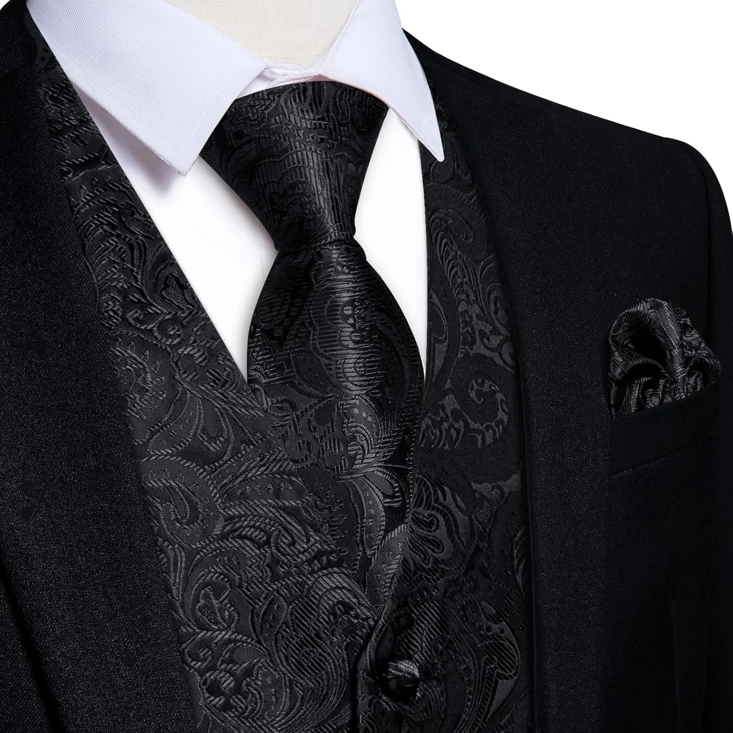 DiBanGu Mens Paisley Vest Tie Set with Lapel Pin Tie Clip 7PCS Silk Woven Necktie and V-Neck Suit Waistcoat for Tuxedo Party