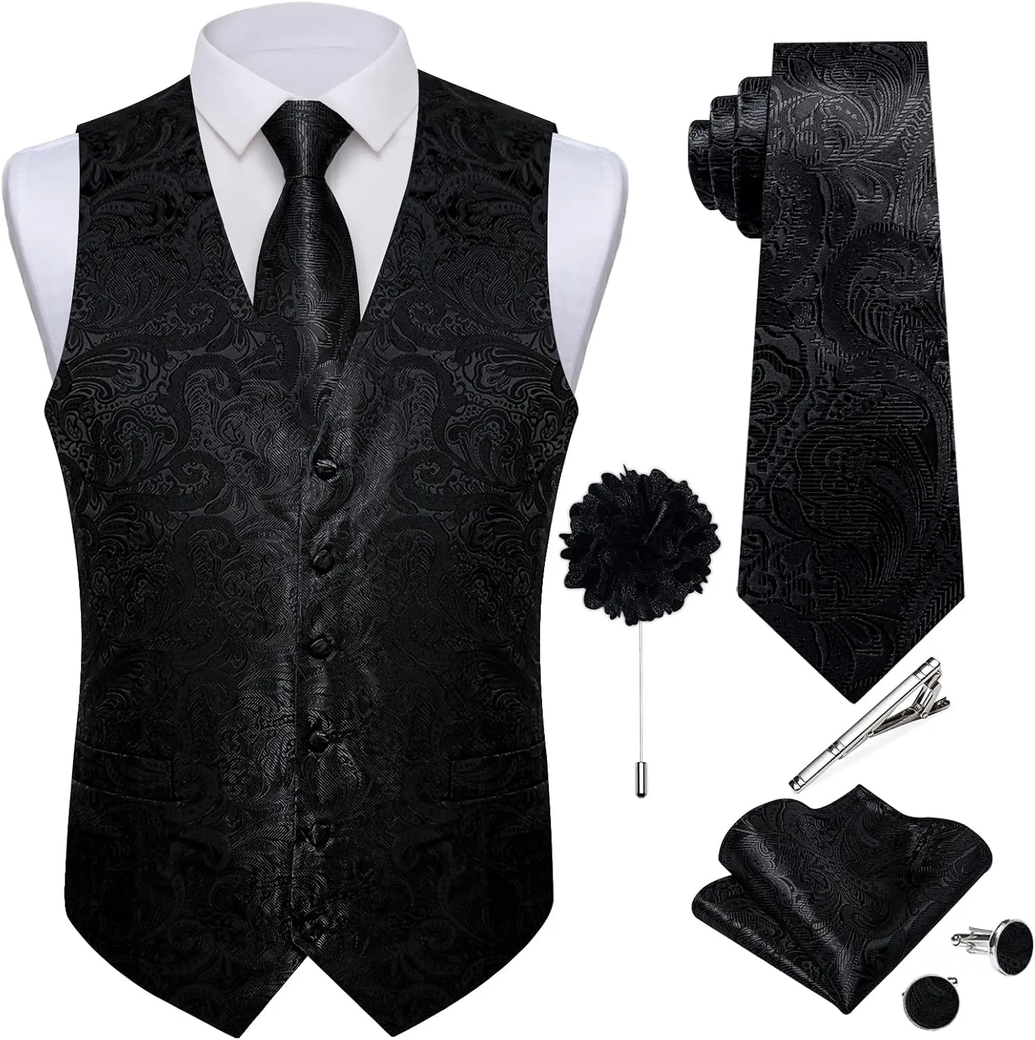 DiBanGu Mens Paisley Vest Tie Set with Lapel Pin Tie Clip 7PCS Silk Woven Necktie and V-Neck Suit Waistcoat for Tuxedo Party