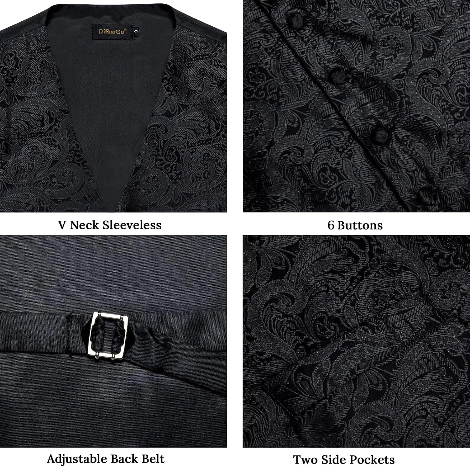 DiBanGu Mens Paisley Vest Tie Set with Lapel Pin Tie Clip 7PCS Silk Woven Necktie and V-Neck Suit Waistcoat for Tuxedo Party