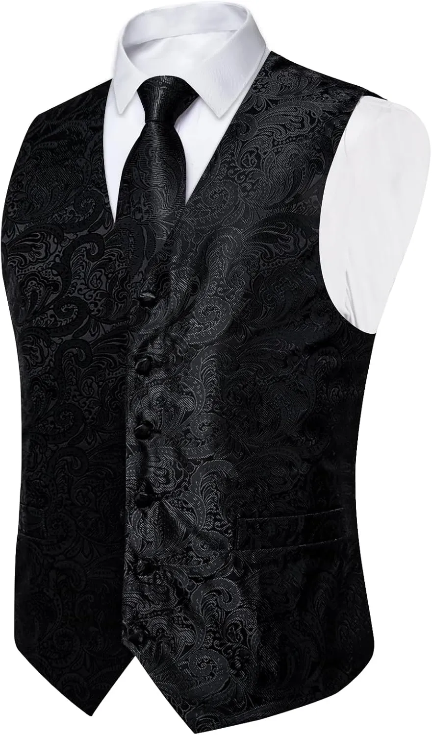 DiBanGu Mens Paisley Vest Tie Set with Lapel Pin Tie Clip 7PCS Silk Woven Necktie and V-Neck Suit Waistcoat for Tuxedo Party