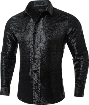 DiBanGu Silk Mens Dress Shirts,Woven Paisley Long Sleeve Button Down Shirt for Men Casual Regular Fit Shirts Wedding Party