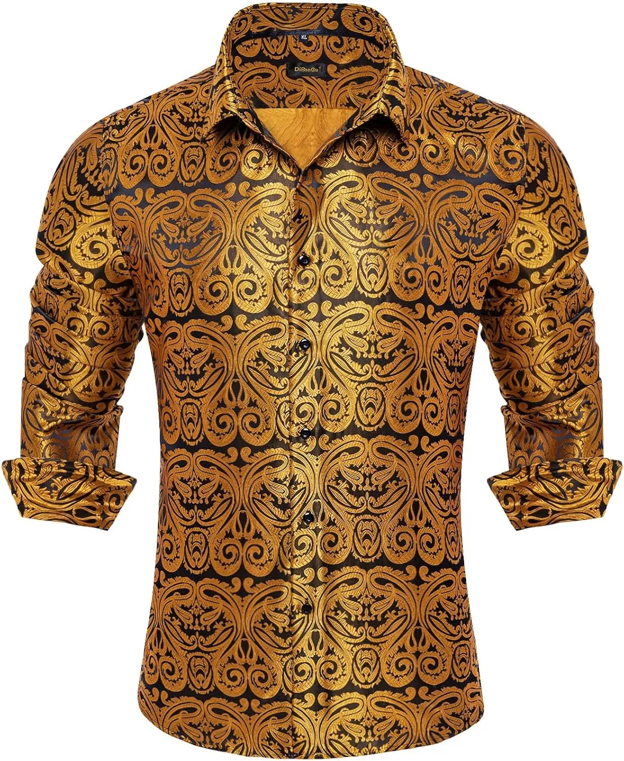 DiBanGu Silk Mens Dress Shirts,Woven Paisley Long Sleeve Button Down Shirt for Men Casual Regular Fit Shirts Wedding Party