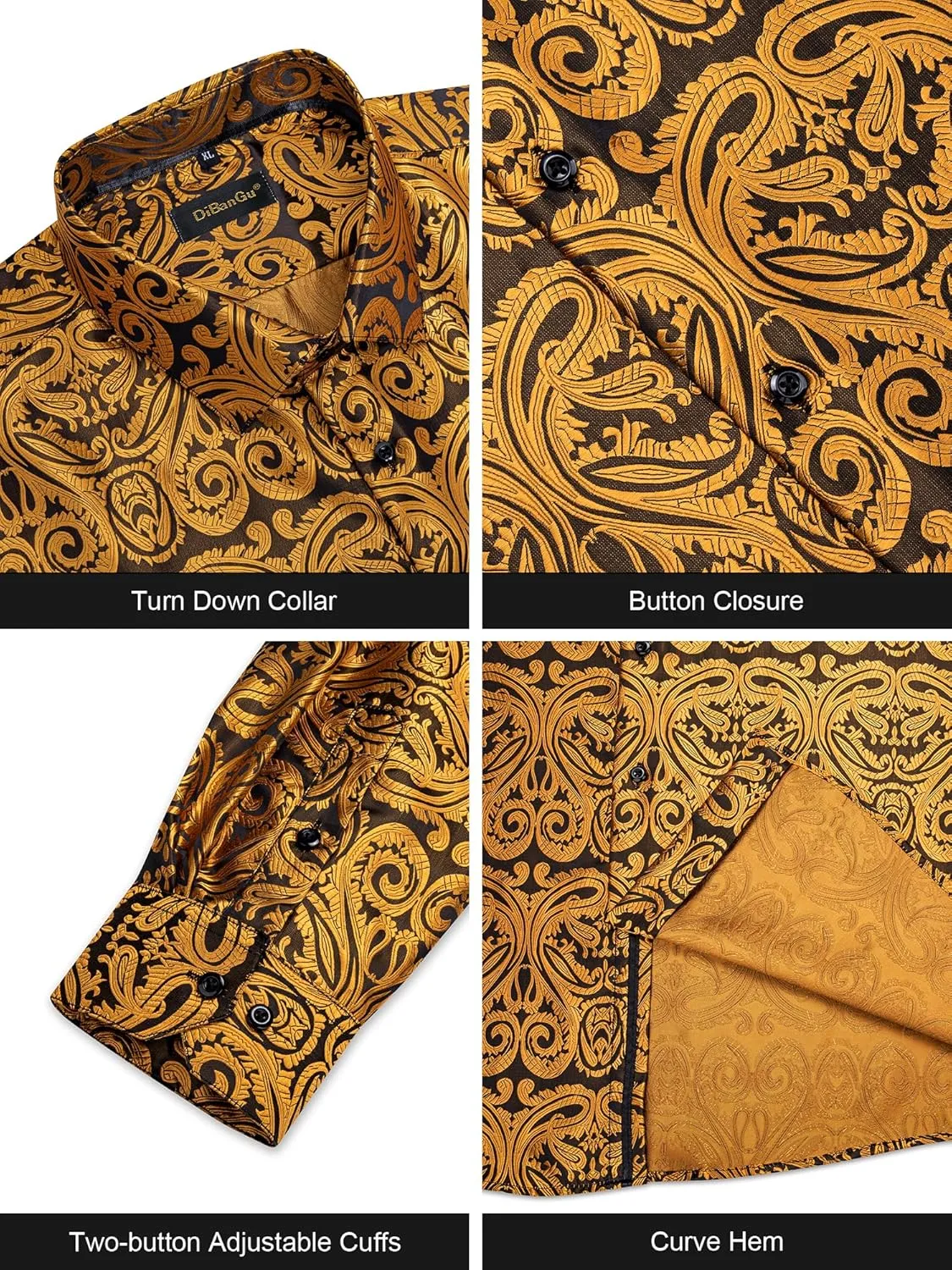 DiBanGu Silk Mens Dress Shirts,Woven Paisley Long Sleeve Button Down Shirt for Men Casual Regular Fit Shirts Wedding Party