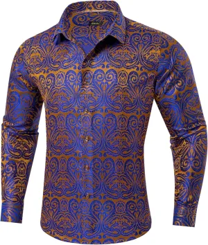 DiBanGu Silk Mens Dress Shirts,Woven Paisley Long Sleeve Button Down Shirt for Men Casual Regular Fit Shirts Wedding Party