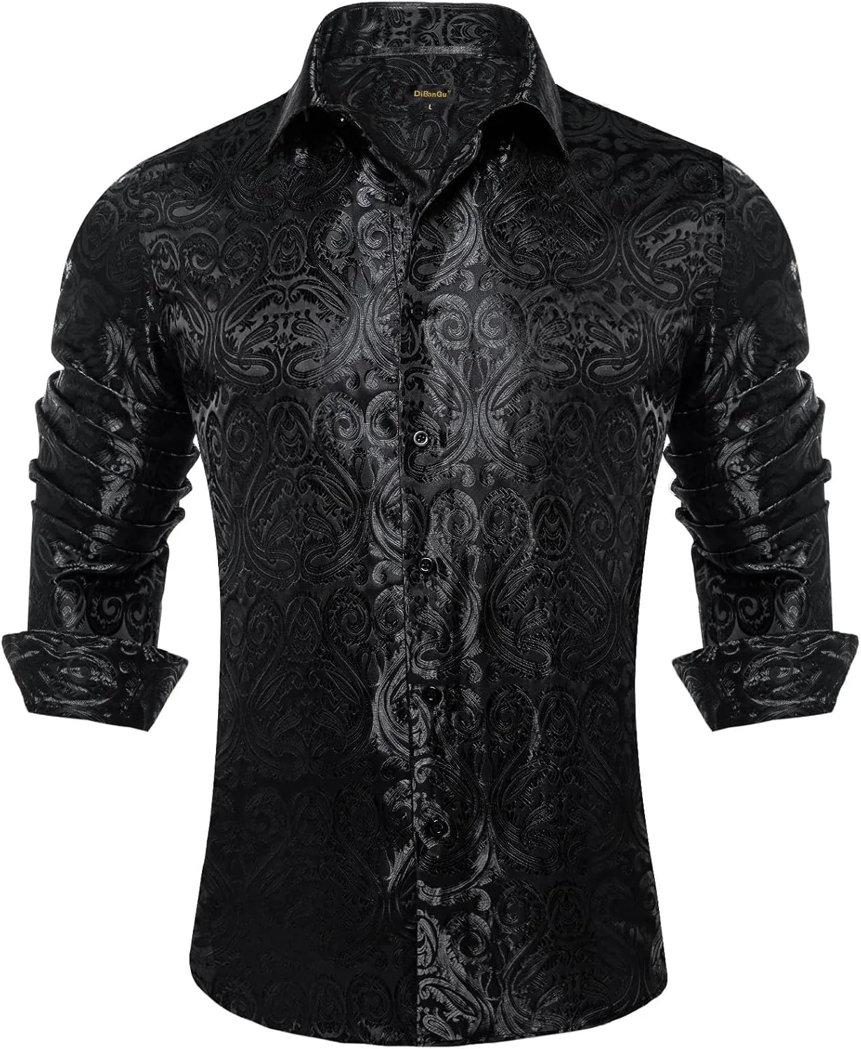 DiBanGu Silk Mens Dress Shirts,Woven Paisley Long Sleeve Button Down Shirt for Men Casual Regular Fit Shirts Wedding Party