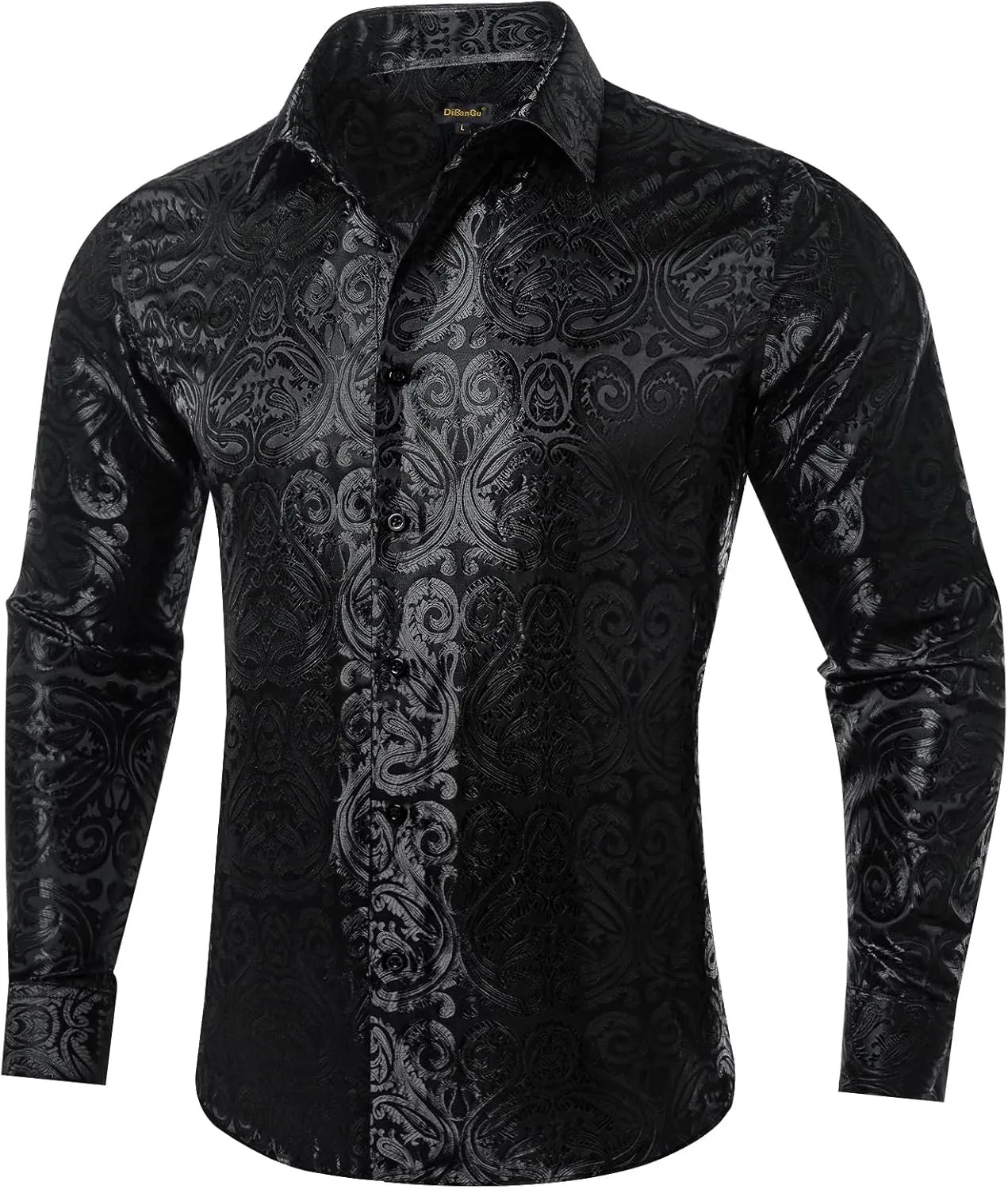 DiBanGu Silk Mens Dress Shirts,Woven Paisley Long Sleeve Button Down Shirt for Men Casual Regular Fit Shirts Wedding Party