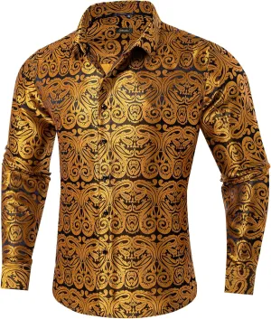 DiBanGu Silk Mens Dress Shirts,Woven Paisley Long Sleeve Button Down Shirt for Men Casual Regular Fit Shirts Wedding Party