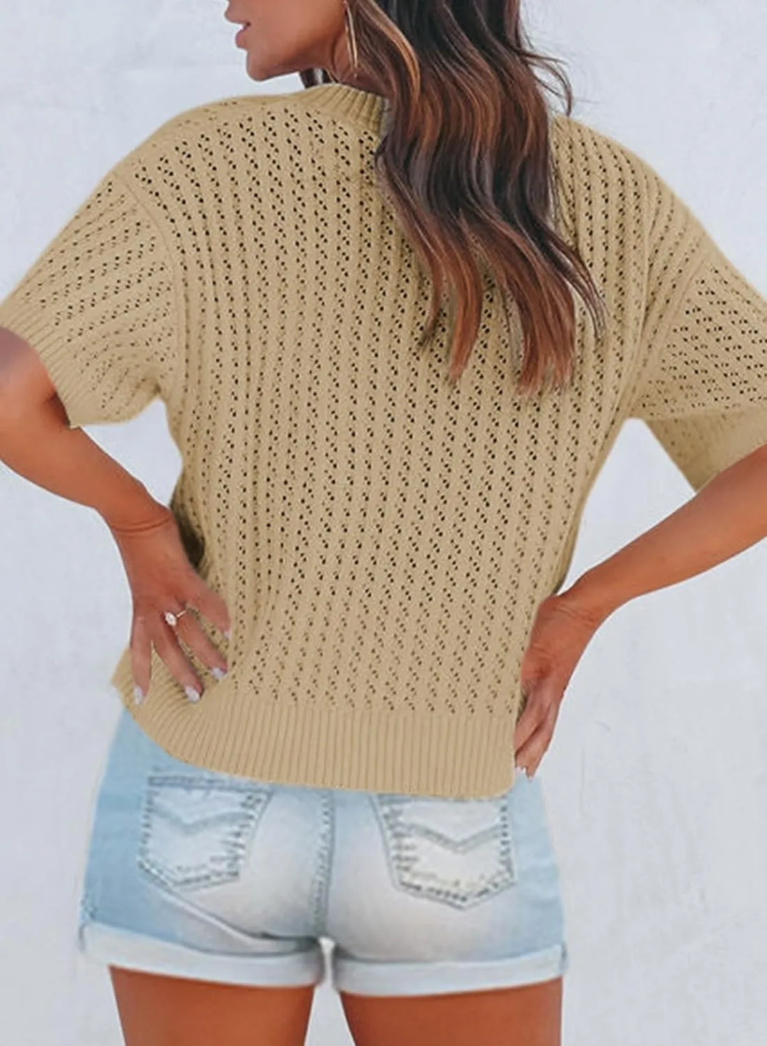 Dokotoo Womens Casual Summer Tops V Neck Short Sleeve Shirts Solid Hollow Out Lightweight Loose Fit Sweater Blouses